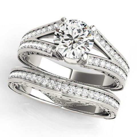 Silver Round Cut Split Shank Pave Diamond Ring with Four-Prong Setting
