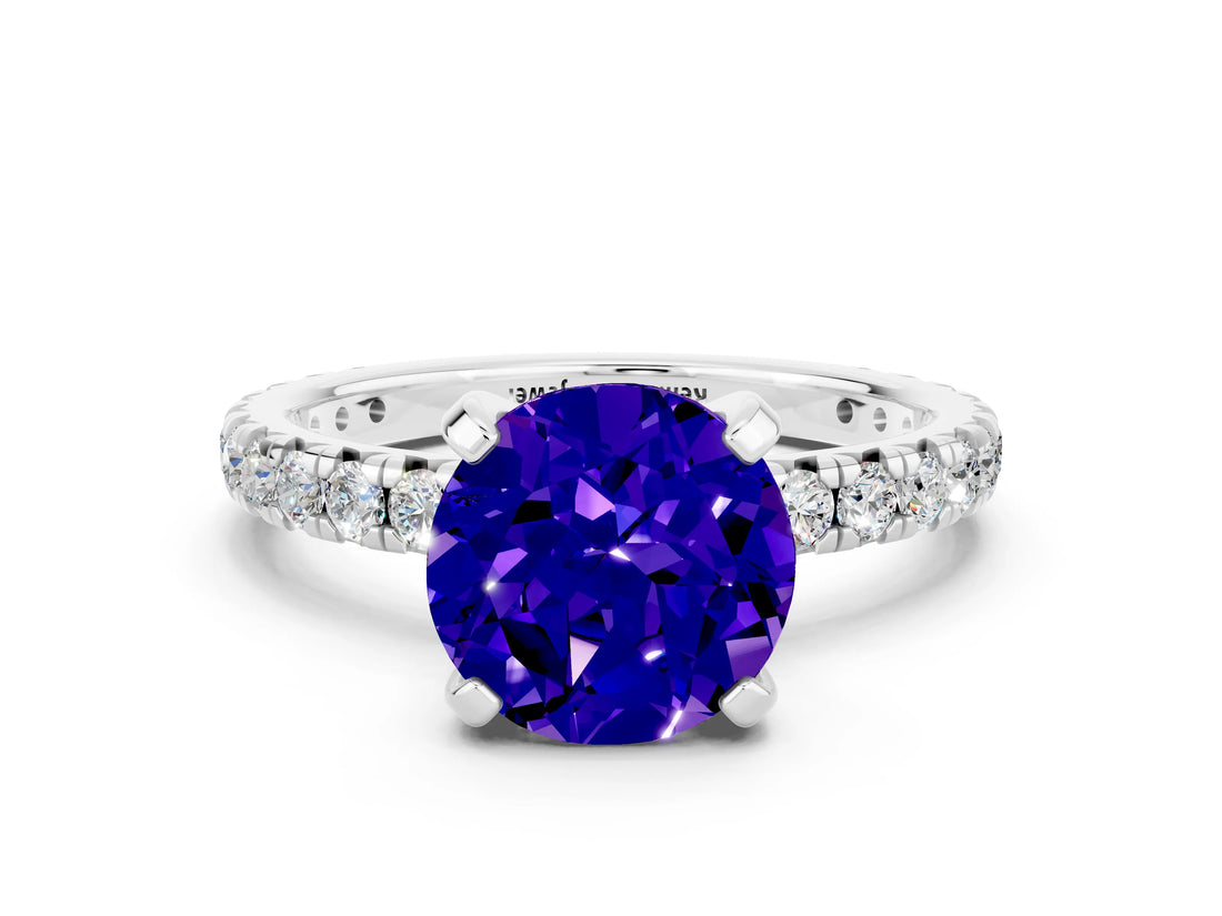 Silver Round Cut Tanzanite Pavé Solitaire Ring with Round Band and Prong Setting_42
