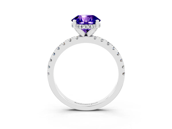 Silver Round Cut Tanzanite Solitaire Ring with Round Pavé Band and Four-Prong Setting