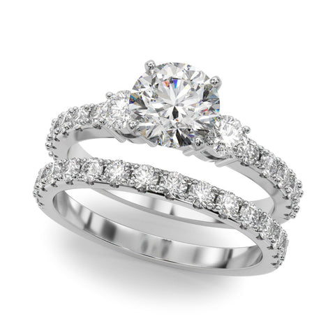 Silver Round Cut Three-Stone Diamond Pavé Band with Prong Setting