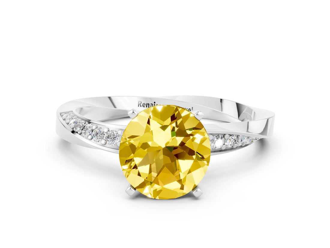 Silver Round Cut Yellow Sapphire Engagement Ring with Side Stone Accents and Four-Prong Setting_24