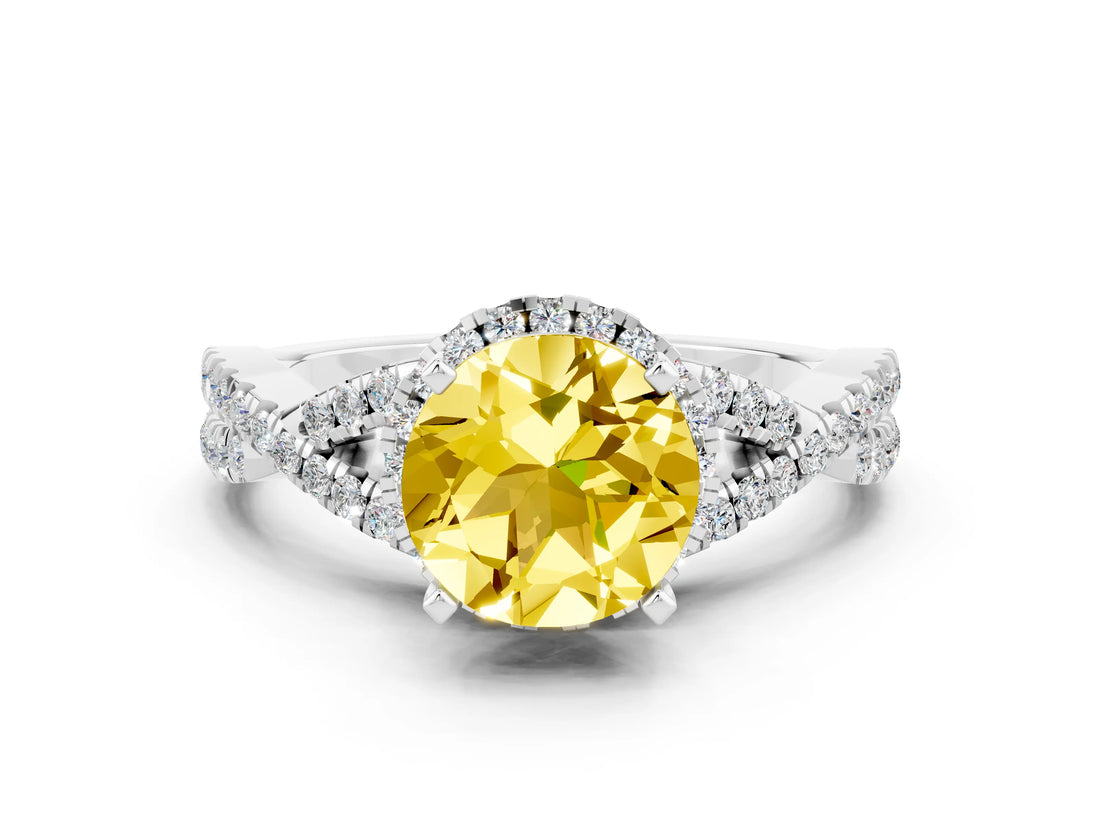 Silver Round Cut Yellow Sapphire  Halo Twist Band Solitaire Prong Setting Ring_12