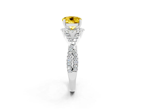 Silver Round Cut Yellow Sapphire  Halo Twist Band Solitaire Prong Setting Ring