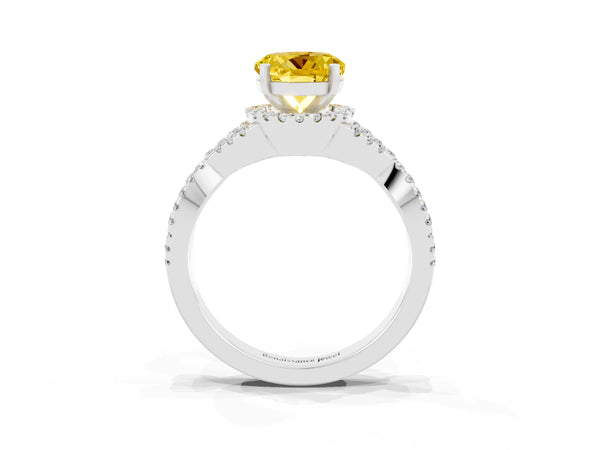 Silver Round Cut Yellow Sapphire  Halo Twist Band Solitaire Prong Setting Ring