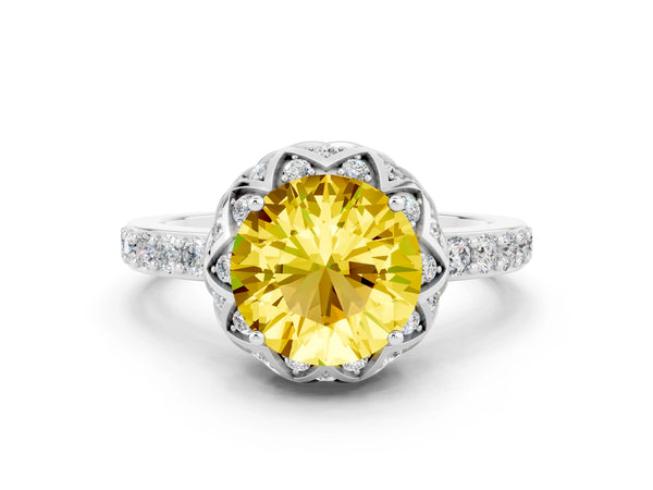 Silver Round Cut Yellow Sapphire Scalloped Halo Engagement Ring with Round Shared Prong Band