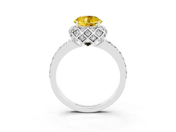 Silver Round Cut Yellow Sapphire Scalloped Halo Engagement Ring with Round Shared Prong Band