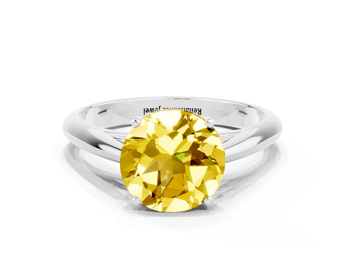 Silver Round Cut Yellow Sapphire Solitaire Engagement Ring with Cathedral Setting and Four-Prong Mount_12