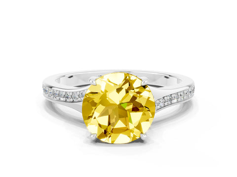 Silver Round Cut Yellow Sapphire Solitaire Ring with Pavé Band and Prong Setting_12