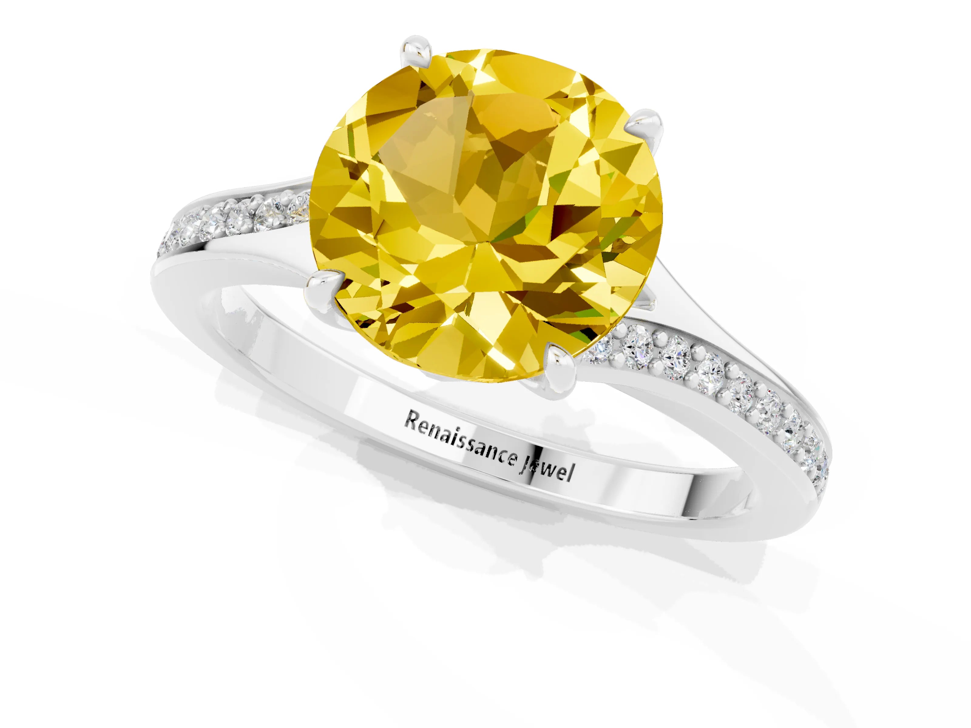 Silver Round Cut Yellow Sapphire Solitaire Ring with Pavé Band and Prong Setting_13