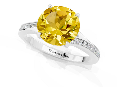 Silver Round Cut Yellow Sapphire Solitaire Ring with Pavé Band and Prong Setting_13