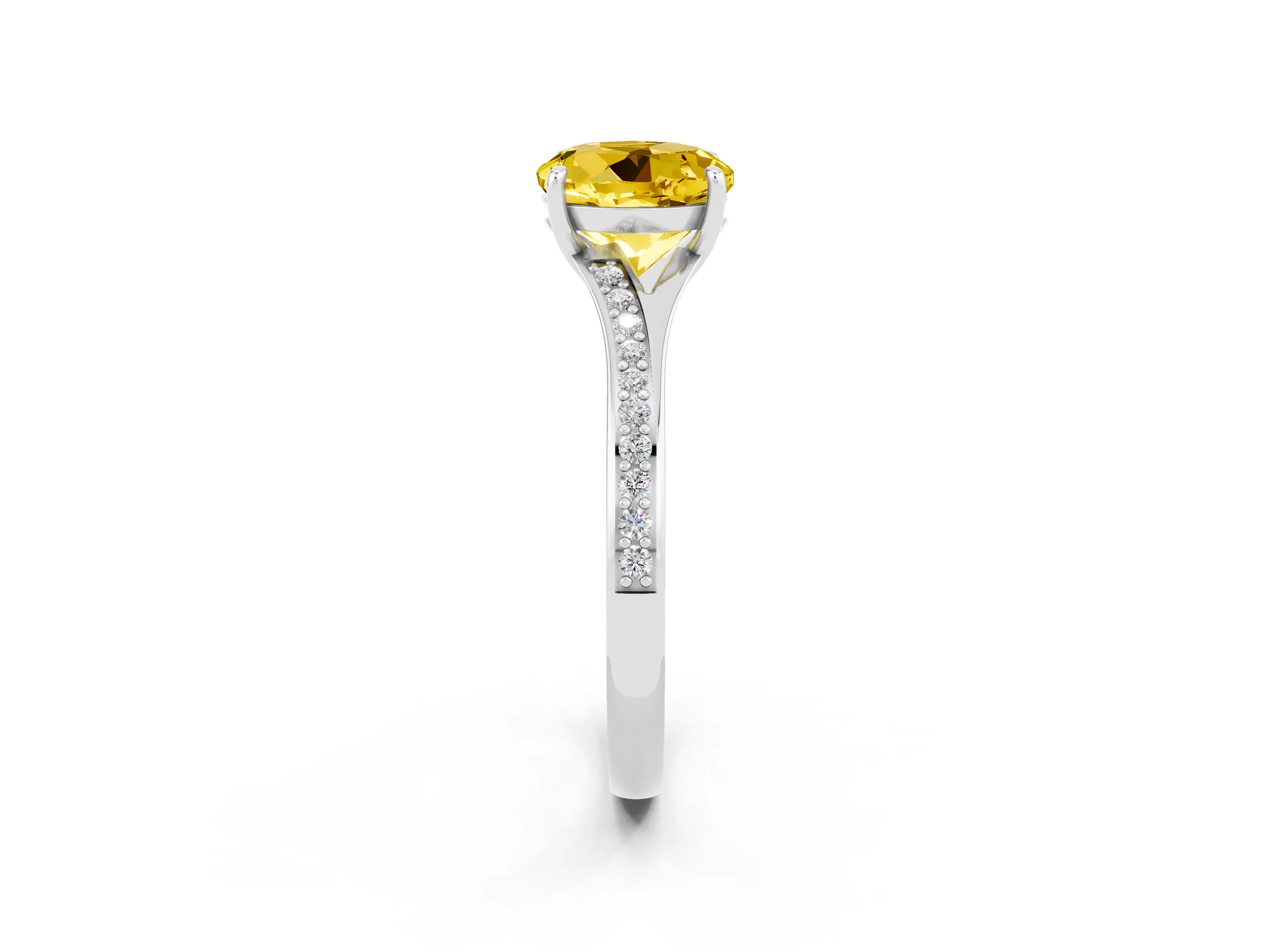 Silver Round Cut Yellow Sapphire Solitaire Ring with Pavé Band and Prong Setting_14