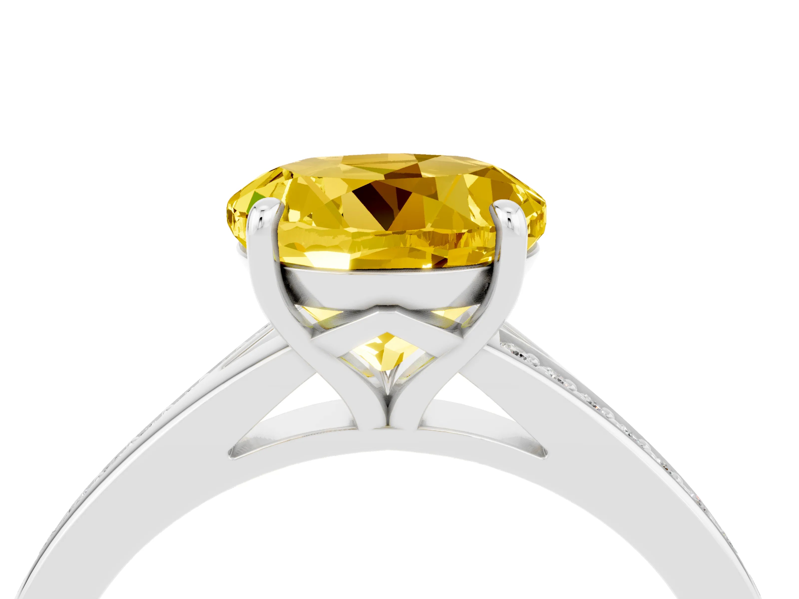 Silver Round Cut Yellow Sapphire Solitaire Ring with Pavé Band and Prong Setting_16
