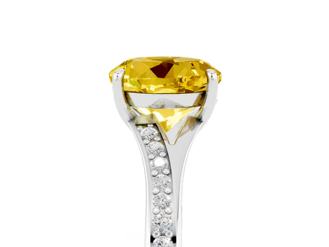 Silver Round Cut Yellow Sapphire Solitaire Ring with Pavé Band and Prong Setting_17