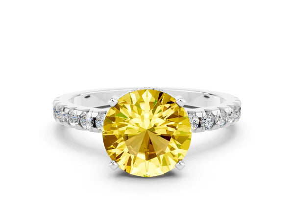 Silver Round Cut Yellow Sapphire Solitaire Ring with Round Pavé Band and Four-Prong Setting