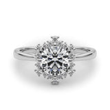 Silver Round Diamond Cluster Halo Ring with Plain Band and Four-Prong Setting 1