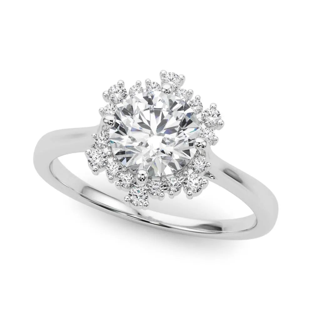 Silver Round Diamond Cluster Halo Ring with Plain Band and Four-Prong Setting