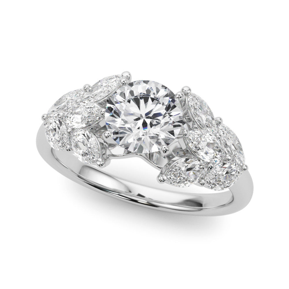 Silver Round Diamond Cluster Leaf Design Ring with Prong Setting 2