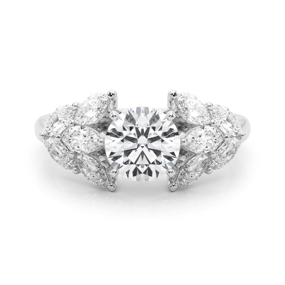 Silver Round Diamond Cluster Leaf Design Ring with Prong Setting