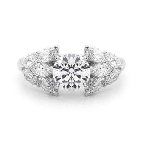 Silver Round Diamond Cluster Leaf Design Ring with Prong Setting