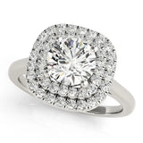 Silver Round Diamond Double Halo Ring with Four-Prong Setting and Pavé Band