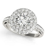 Silver Round Diamond Double Halo Ring with Pavé Band and Four-Prong Setting