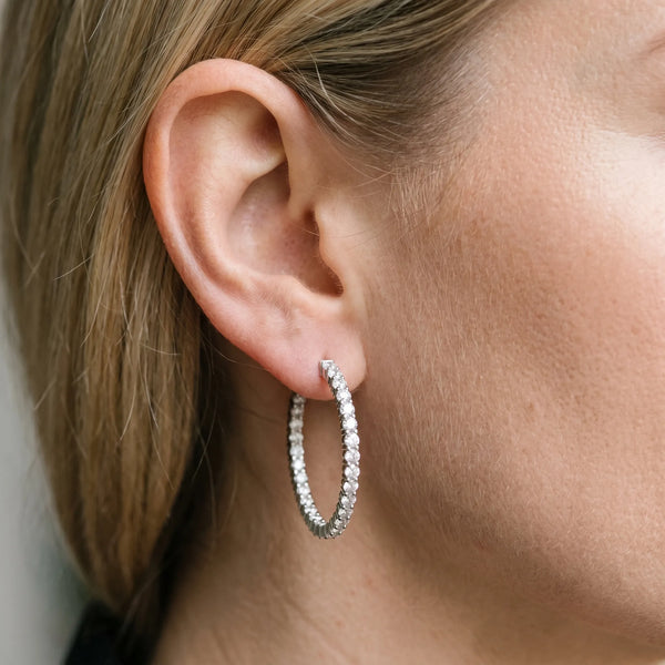 Silver Round Diamond Eternity Hoop Earrings with Pavé Setting and Shared Prong