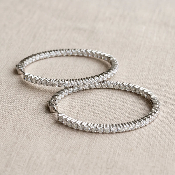 Silver Round Diamond Eternity Hoop Earrings with Pavé Setting and Shared Prong