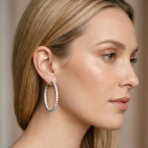 White gold Round Diamond Eternity Hoop Earrings with Pavé Setting and Shared Prong