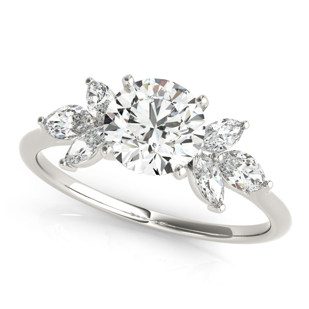 Silver Round Diamond Floral Cluster Ring with Marquise Side Stones and Six-Prong Solitaire Setting 2