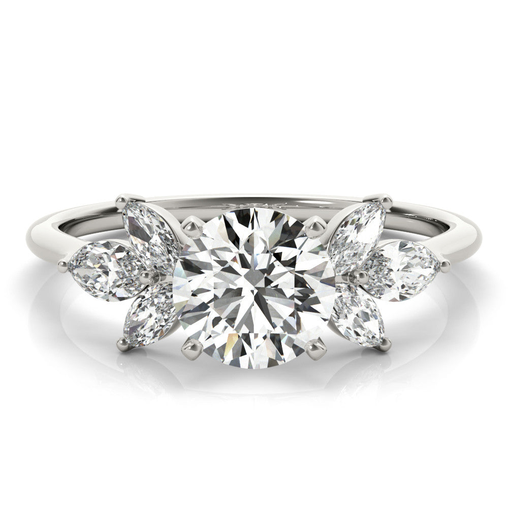 Silver Round Diamond Floral Cluster Ring with Marquise Side Stones and Six-Prong Solitaire Setting