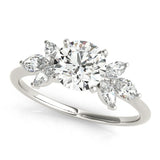 Silver Round Diamond Floral Cluster Ring with Marquise Side Stones and Six-Prong Solitaire Setting