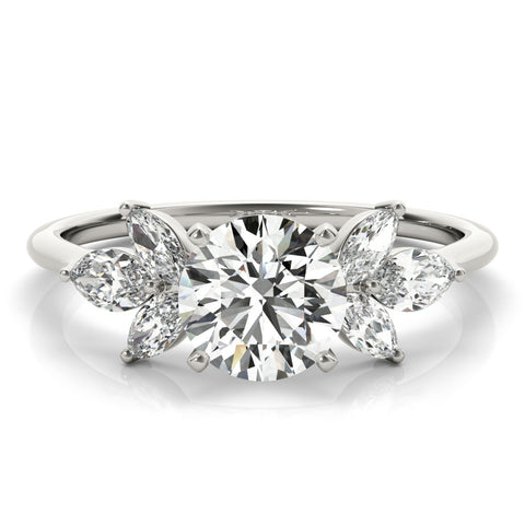 Silver Round Diamond Floral Cluster Ring with Marquise Side Stones and Six-Prong Solitaire Setting