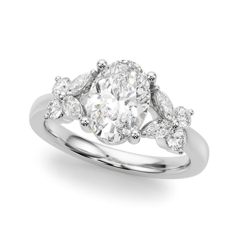 Silver Round Diamond Floral Cluster Ring with Solitaire Band and Prong Setting 2