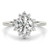 Silver Round Diamond Floral Halo Ring with Plain Band and Prong Setting 1