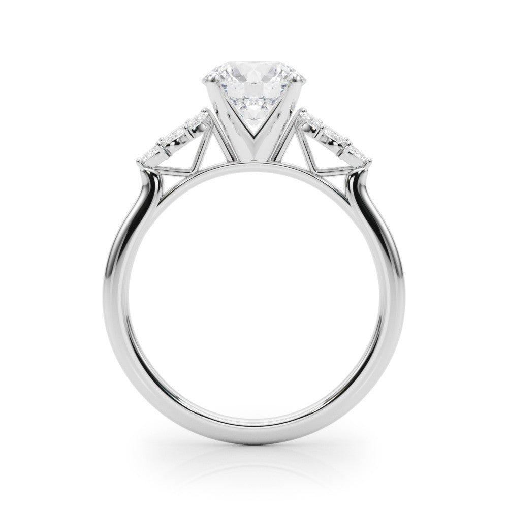 Silver Round Diamond Floral Side Stone Solitaire with Marquise Accents and Four-Prong Setting 1