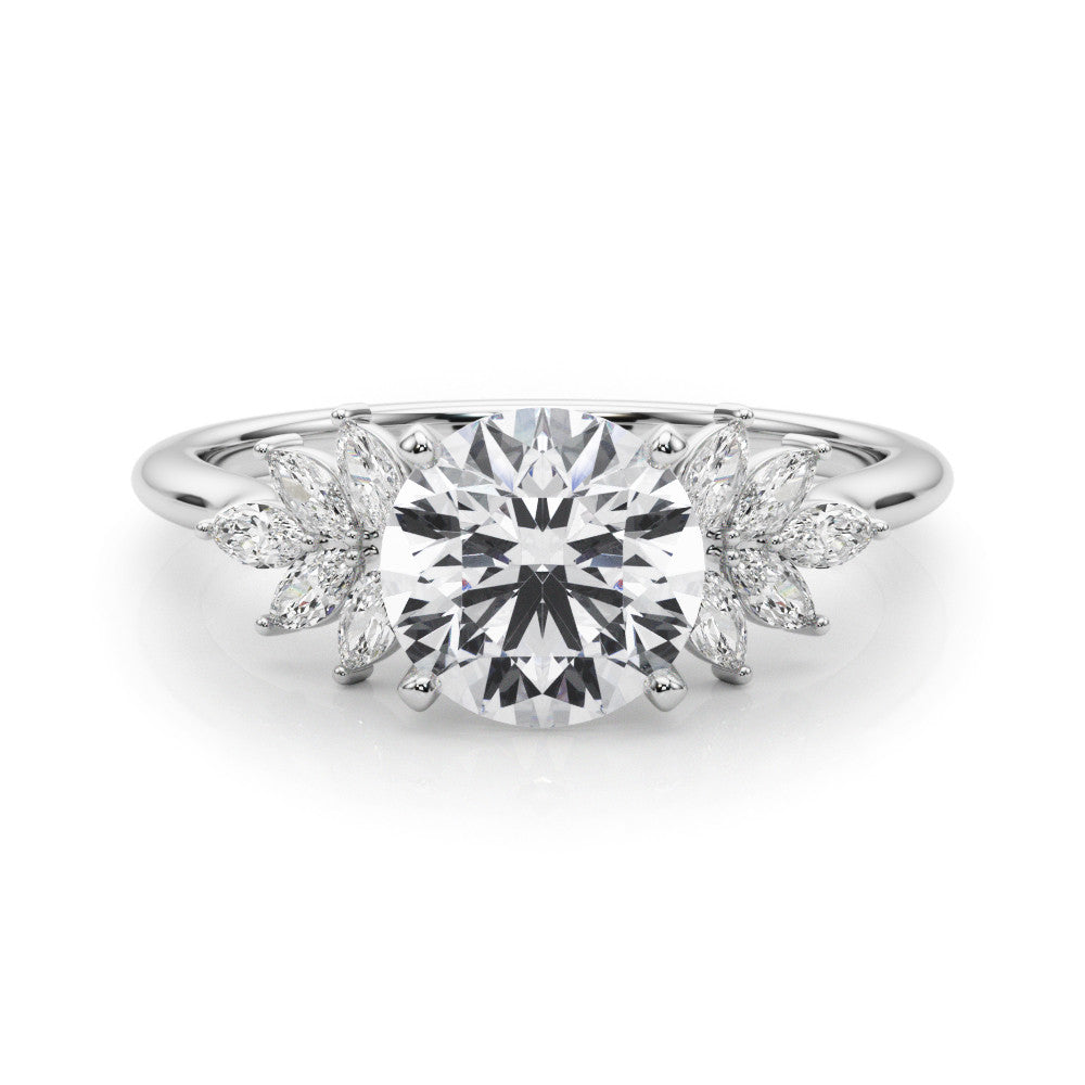 Silver Round Diamond Floral Side Stone Solitaire with Marquise Accents and Four-Prong Setting