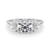 Silver Round Diamond Floral Side Stone Solitaire with Marquise Accents and Four-Prong Setting