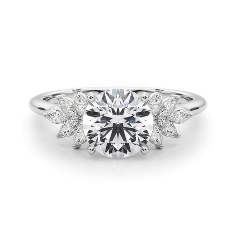 Silver Round Diamond Floral Side Stone Solitaire with Marquise Accents and Four-Prong Setting