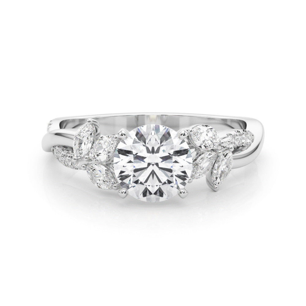 Silver Round Diamond Floral Vine Solitaire Engagement Ring