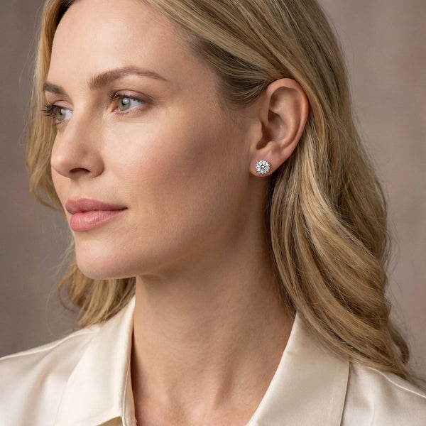 Silver Round Diamond Flower Halo Stud Earrings with Petal Prong Setting