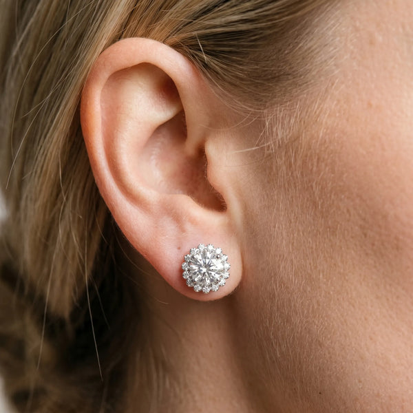 Silver Round Diamond Flower Halo Stud Earrings with Petal Prong Setting