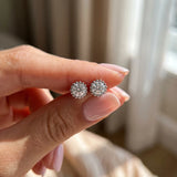 Silver Round Diamond Flower Halo Stud Earrings with Petal Prong Setting_13