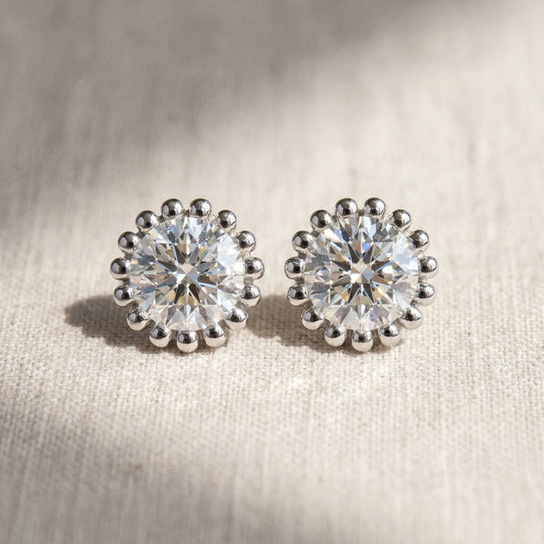 Silver Round Diamond Flower Halo Stud Earrings with Petal Prong Setting