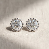 Silver 2.08 Carat E VS2 Round Diamond Flower Halo Stud Earrings with Petal Prong Setting