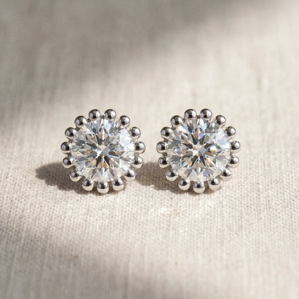 Silver 2.08 Carat E VS2 Round Diamond Flower Halo Stud Earrings with Petal Prong Setting