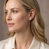 Silver Round Diamond Flower Halo Stud Earrings with Petal Prong Setting_16