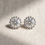 Silver Round Diamond Flower Halo Stud Earrings with Petal Prong Setting_19