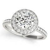 Silver Round Diamond Halo Ring with Bezel Frame and Pavé Band