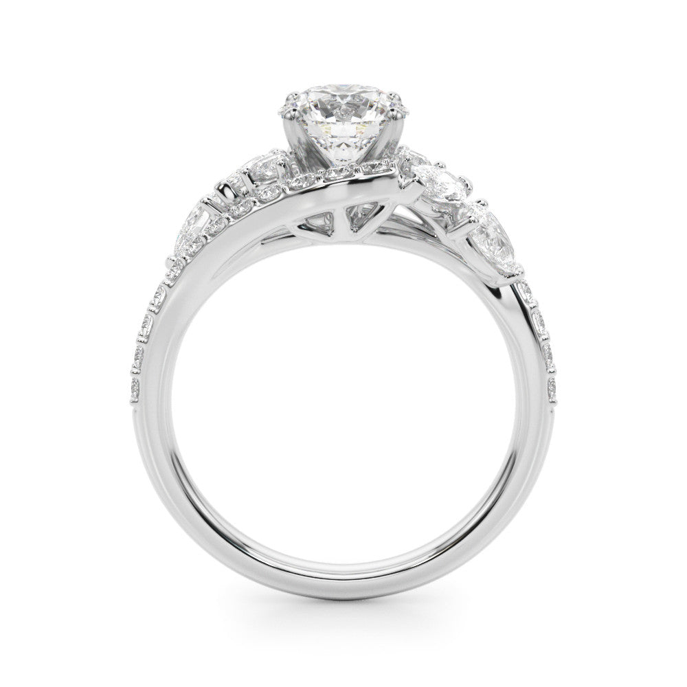 Silver Round Diamond Halo Ring with Marquise and Pavé Band in Prong Setting 1