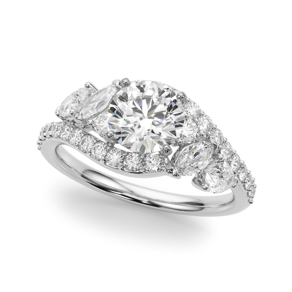 Silver Round Diamond Halo Ring with Marquise and Pavé Band in Prong Setting 2